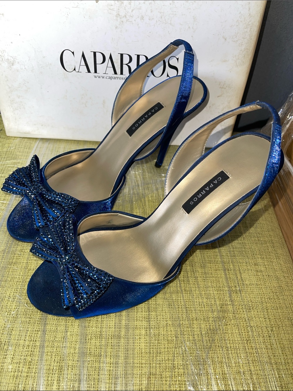 Caparros Navy Blue Satin Open-Toe Slingback Heels with Beaded Bow SZ 10